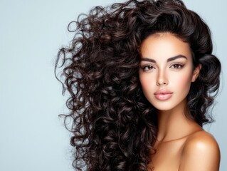 Naklejka premium Beautiful young woman with voluminous curly hair.