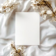 Boho styled blank white paper invitation card mockup, stationery template, natural organic beige decor with dried plants and flowers, real sunlight and soft shadows