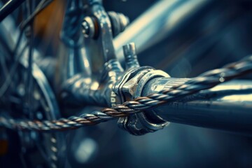 Close up view of a rusty bicycle brake cable attached to the handlebar with a metal clamp