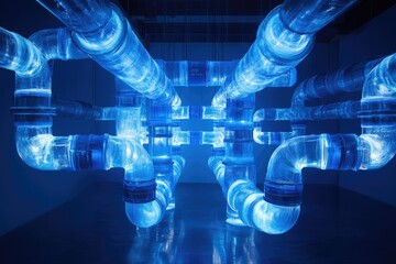 Glowing blue transparent pipes form an intricate network, creating an ethereal and captivating installation.
