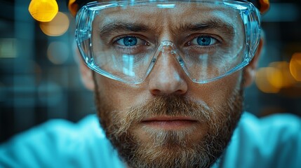 Close-up image of a worker safeguarded by a protective mask for industrial safety and respiratory health