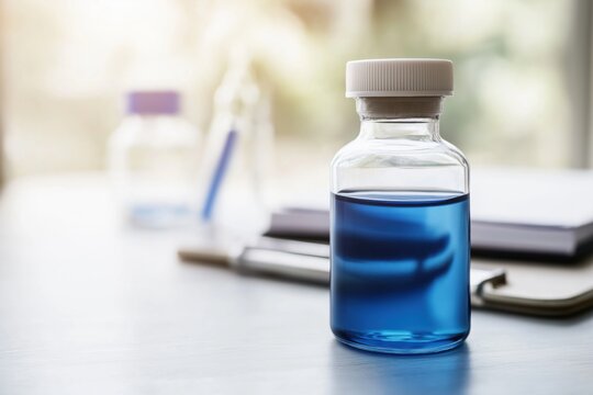 Methylene blue solution in Erlenmeyer flask during chemistry experiment in laboratory setting