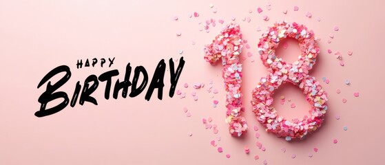 Naklejka premium Happy 18th Birthday Celebration: Pink Confetti Number Eighteen on Pink Background