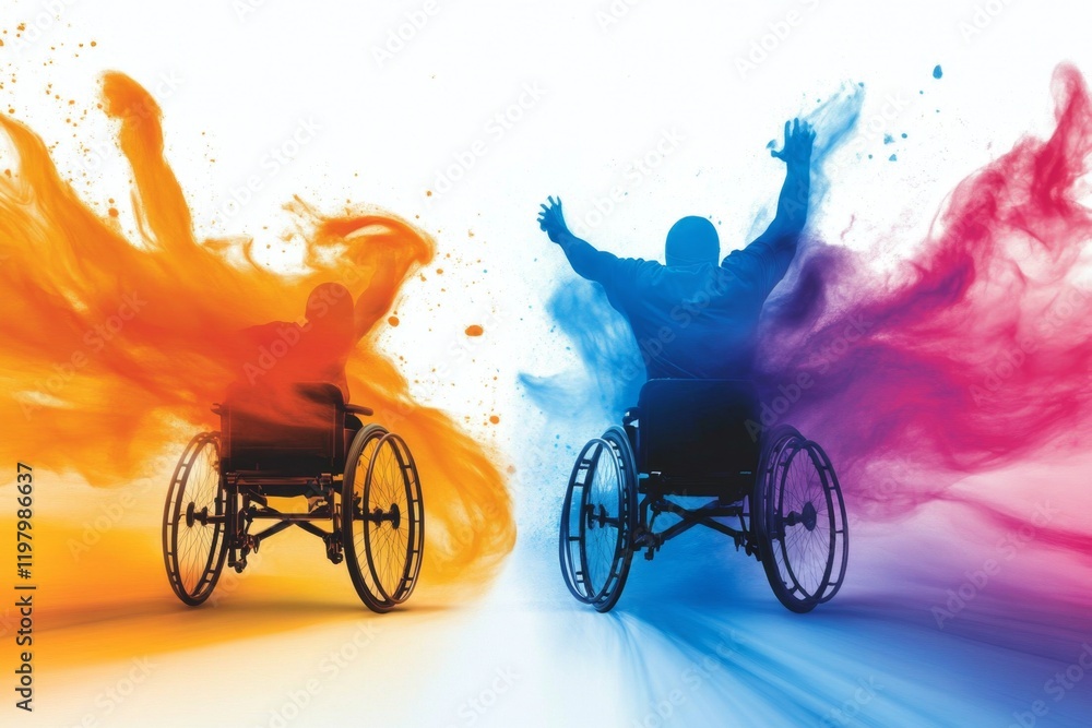 Poster a vibrant digital illustration of a wheelchair race, with dynamic motion lines and exaggerated expre