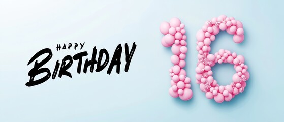 Naklejka premium Happy 16th Birthday Celebration: Pink Balloon Number Design