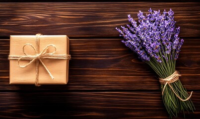 Fototapeta premium Rustic gift box and lavender bouquet on wood.