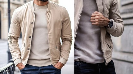 A stylish man models a beige bomber jacket and sweater.  The neutral tones create a sophisticated look perfect for a fall day.