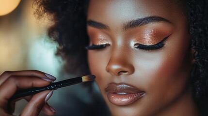 Obraz premium Bridal makeup session, close-up of makeup artist applying eyeshadow, soft and elegant lighting