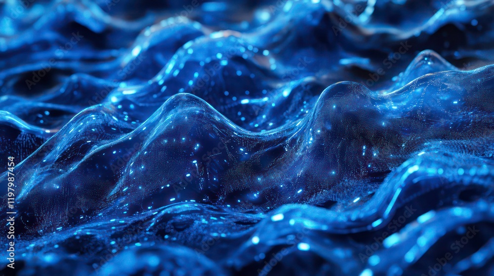 Poster Abstract blue liquid with flowing waves and sparkling particles.