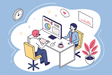 Fototapeta premium Modern office setting, video conference call, two coworkers at desk, large computer monitor, remote collaboration, digital workspace, flat illustration style, pastel colors, blue background, minimalis