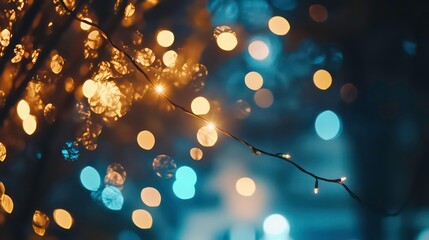 Warm and cool bokeh lights strung on branches at night.