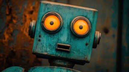 Vintage Robot with Bright Orange Eyes Against Rustic Background