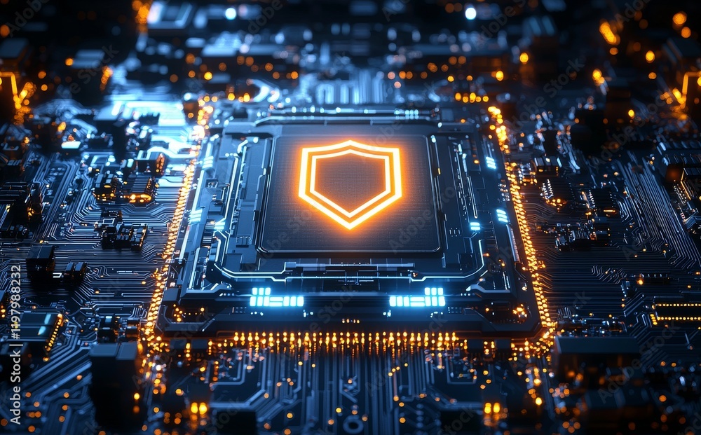 Poster the combination of a circuit board and shield symbolizes hardware security, safeguarding computer da