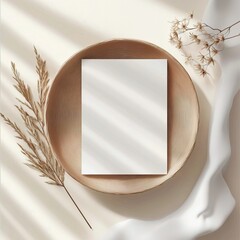 Boho styled blank white paper invitation card mockup, stationery template, natural organic beige decor with dried plants and flowers, real sunlight and soft shadows