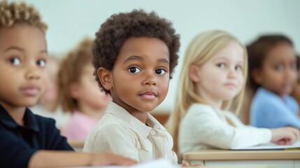 Diverse kids engaged in interactive learning in bright classroom. Students focused, participate in stimulating educational setting. Multicultural children collaborate in vibrant learning environment.