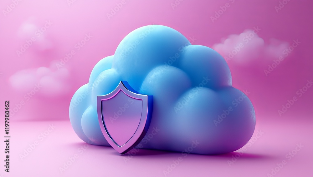 Poster a stylized cloud adorned with a shield symbolizing digital security and data protection in a contemp