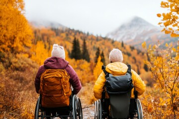 A wheelchair user hiking on an accessible nature trail, with adaptive gear and a supportive friend beside them