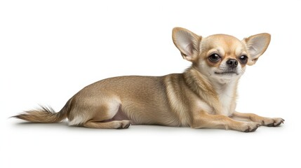 Obraz premium Charming Chihuahua Lying Pose on White Background in Studio Setting