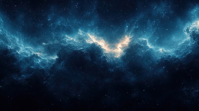 Vast cosmic nebula illuminated by starlight, showcasing swirling clouds and distant stars in space