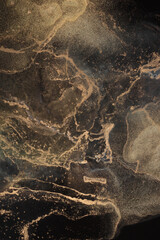 Naklejka premium Glow gold bronze glitter grain texture painting dot blot. Abstract lighting stain on black background.