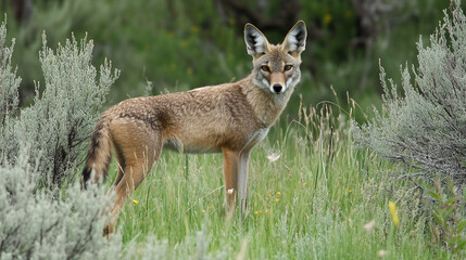 Fototapeta premium Photo of a wild coyote standing in a grassy field with sagebrush.
