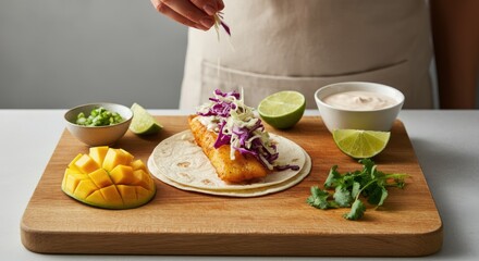 Person preparing fish taco with vegetables and sauces on wooden board