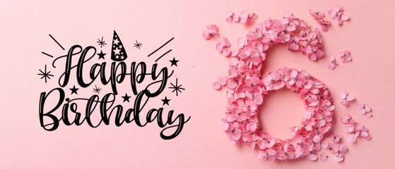 Naklejka premium Happy 6th Birthday Floral Arrangement: Pink Flower Number Six with Festive Text