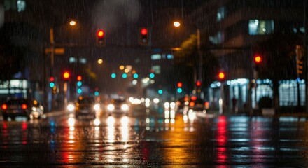 Fototapeta premium Urban street scene at night with rain, lights, and reflections