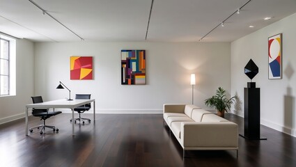 Modern art gallery interior with minimalist furniture and abstract paintings