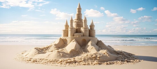 Create your own narrative with this vast beach sand castle image.