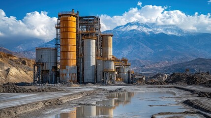 Obraz premium Industrial construction site with towering silos against a backdrop of mountains and blue sky