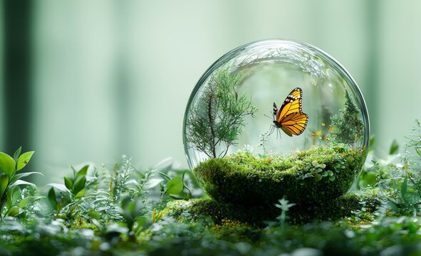 A man holding a glass globe on a day dedicated to environmental awareness, with the world nestled in the green bokeh of grass, emphasizing the importance of saving the environment
