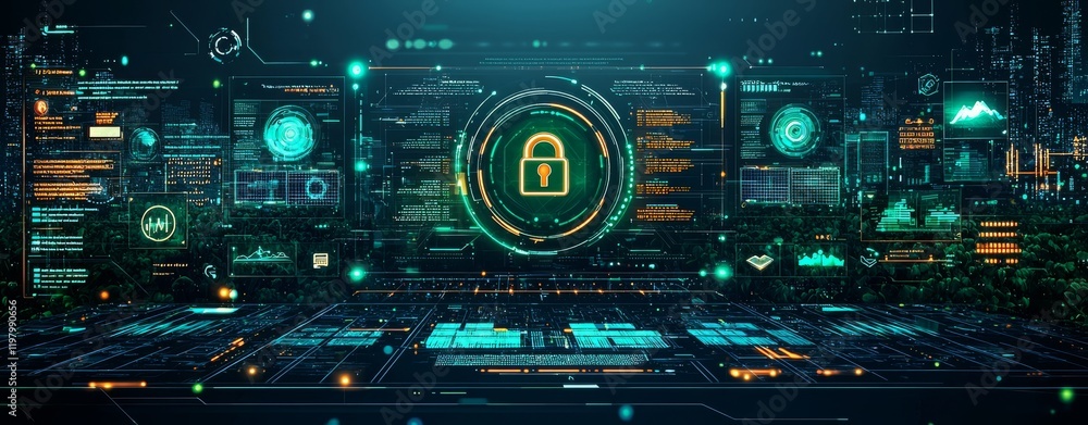 Poster protecting data and ensuring cyber security through innovative business practices and heightened pri