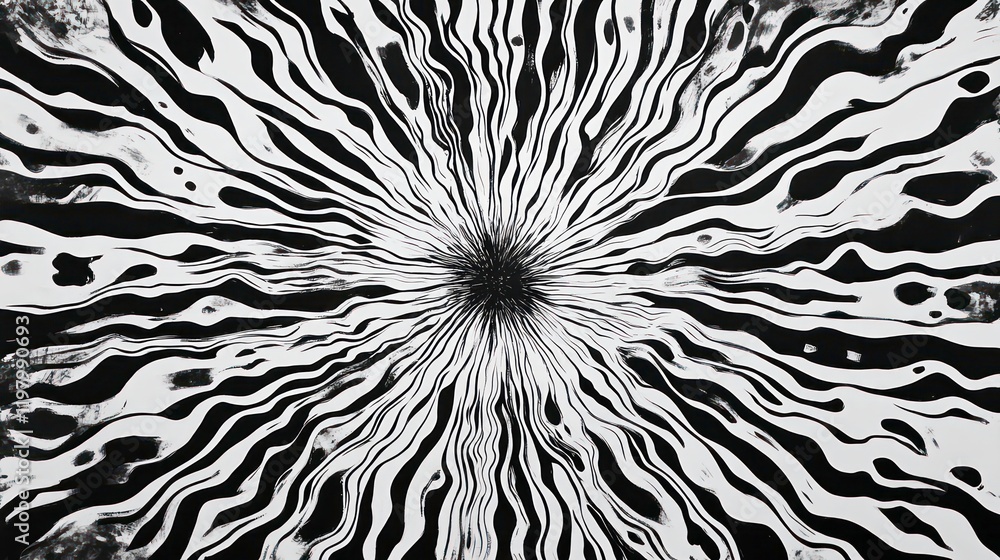 Poster abstract black and white radial design with swirling lines and textures, creating a dynamic, hypnoti