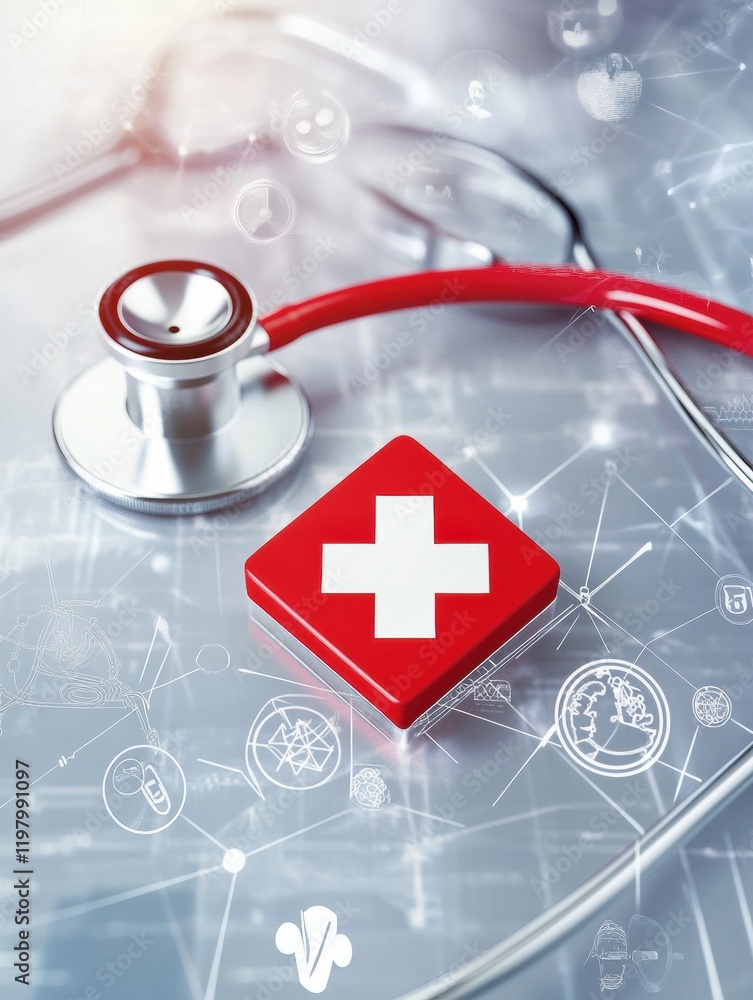 Aufkleber Medical symbol featuring a red cross and stethoscope in an abstract healthcare design with modern symbols. Generative AI