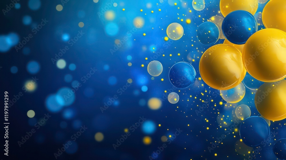 Poster abstract background with yellow and blue spheres and bokeh lights.