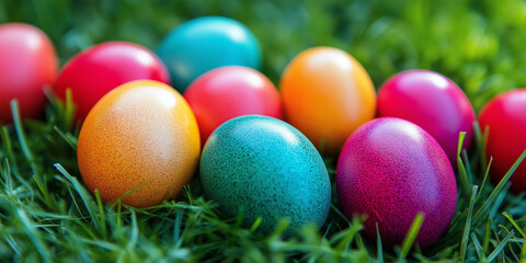 Obraz premium Happy Easter Decoration Background with Colorful Eggs and Festive Spring Vibes