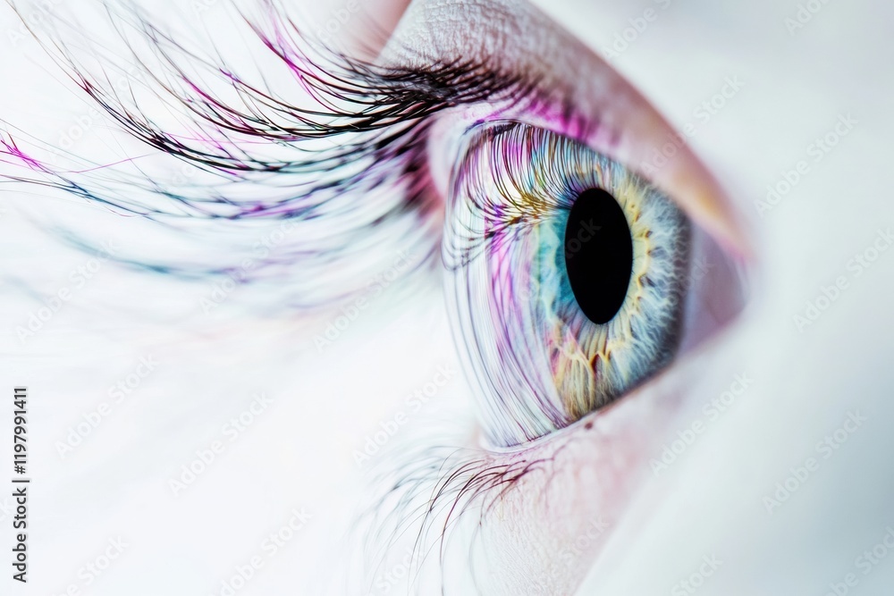Poster close up view showcasing the vibrant colors and intricate details of a human eye with long lashes an