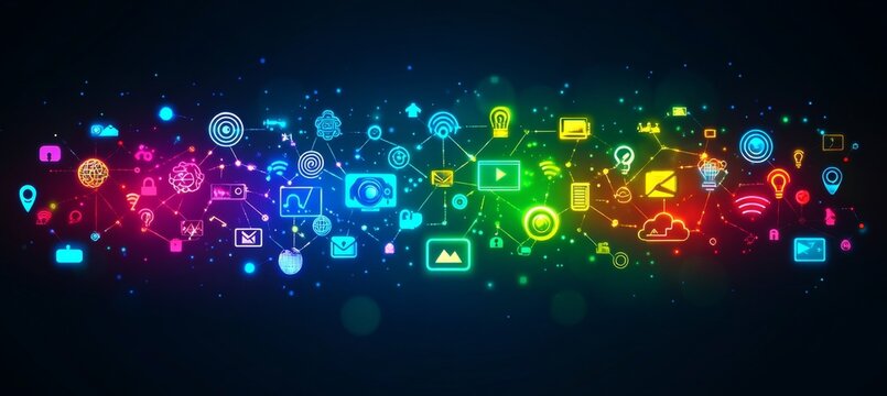 Digital Media and Broadcasting Backdrop Modern Icon Layout with Rainbow Colors on Black - Powered by Adobe