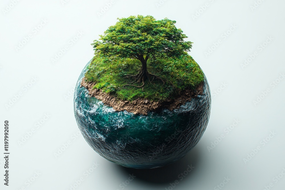 Poster a tree inside a green globe, set against a transparent background in a png file