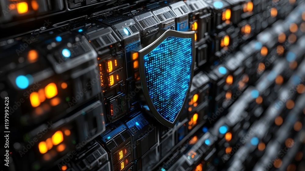 Poster a digital server stack adorned with a glowing security shield, symbolizing data protection and cyber