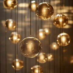 Obraz premium Reflective spheres suspended in a grid pattern in gold, sleek and dynamic --v 6.1 Job ID: 8741ac78-c86f-4372-a6cd-f2acc3379632