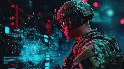 Soldier reviewing tactical data on holographic display.