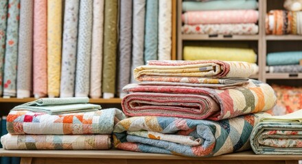 Lovely stacked quilts with colorful patterns displayed in front of neatly arranged fabric rolls