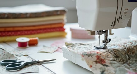 Sewing machine stitching fabric with folded textiles and scissors nearby