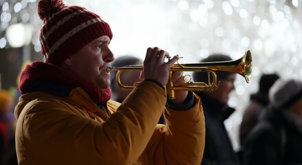 Man in a red hat and a yellow jacket playing a trumpet