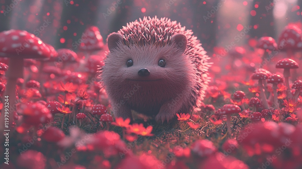 Sticker   A hedgehog stands in a field of flowers and mushrooms, illuminated by a red light on its face