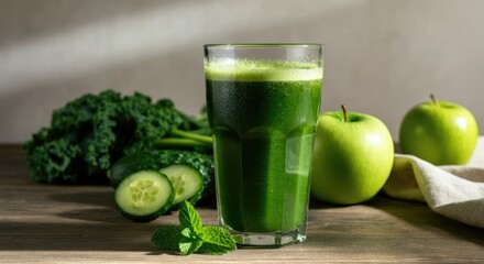 Fresh green juice with kale, cucumber, apples, and mint on table