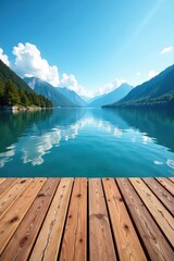 Obraz premium Rustic wood deck overlooking serene lake, blue sky, blue sky, pier, boardwalk