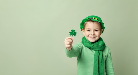 Young boy is holding a shamrock in his hand